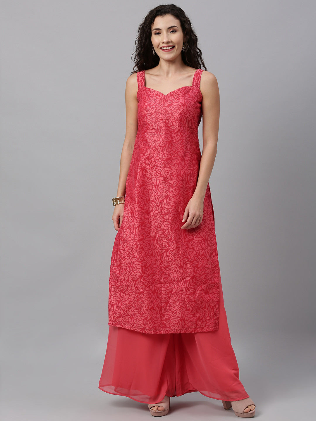 

Ethnovog Women Pink Floral Printed Made To Measure Kurta with Palazzos