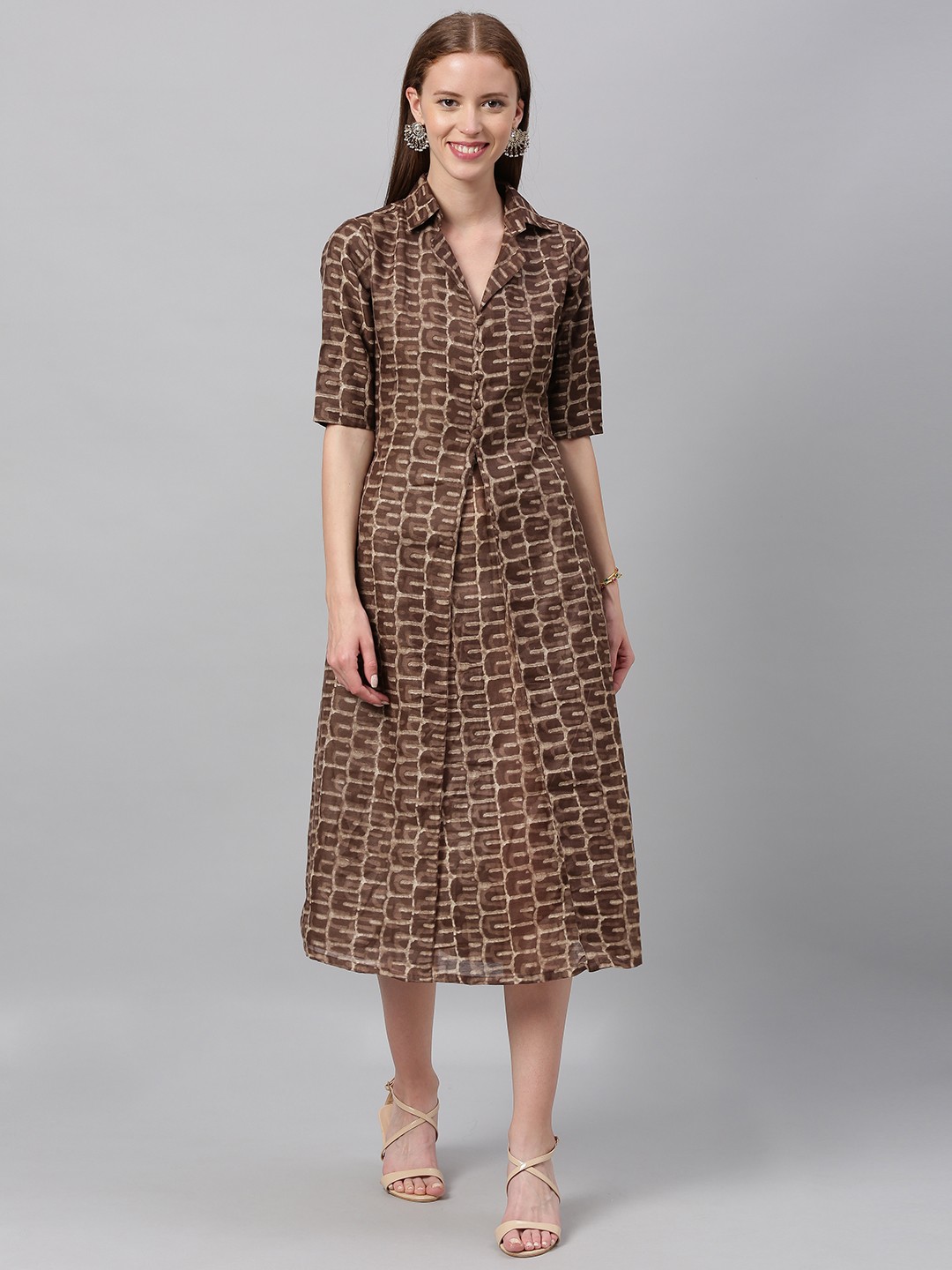 

Ethnovog Women Brown Beige Printed Made To Measure A-Line Dress