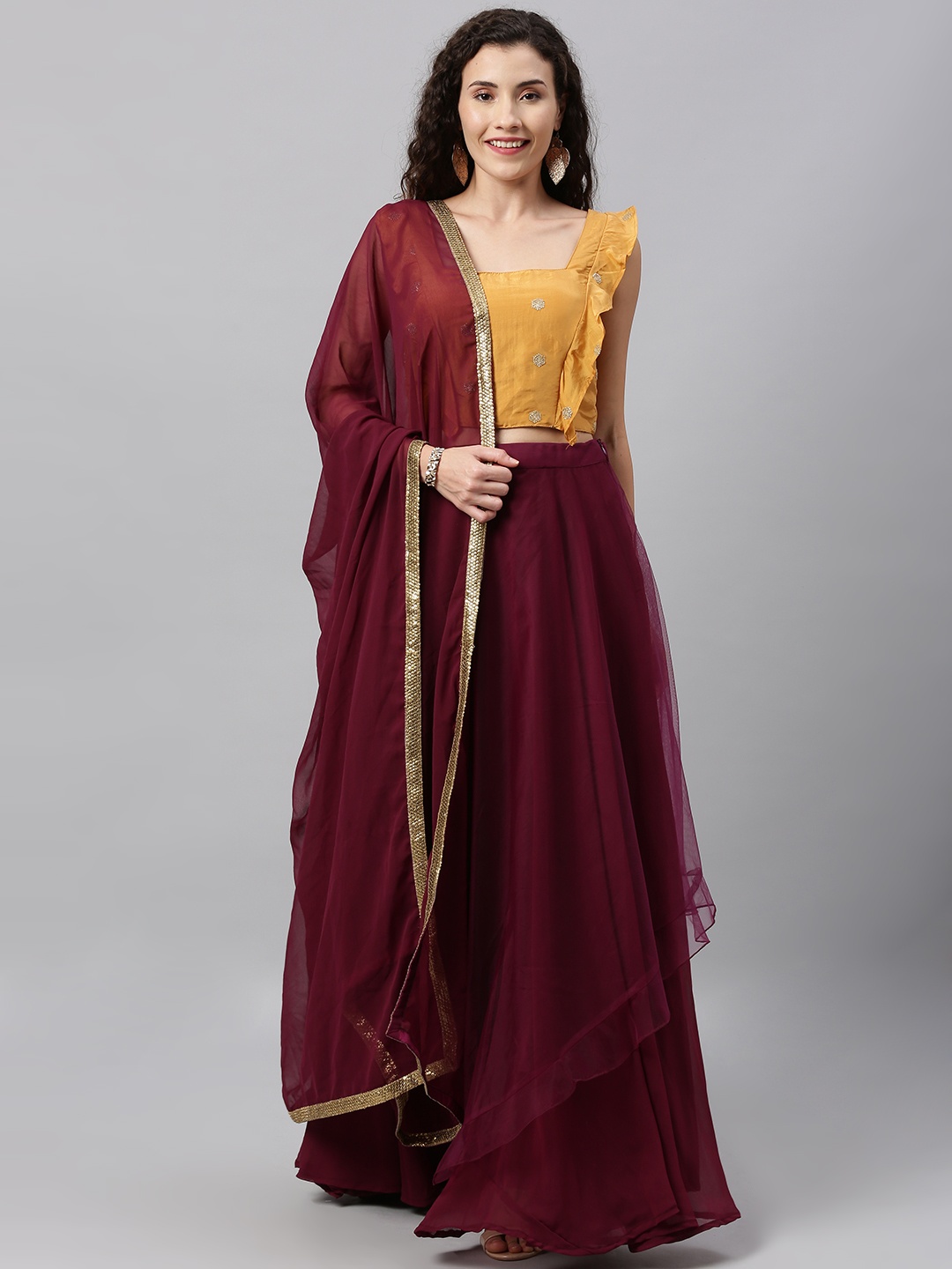 

Ethnovog Burgundy Mustard Embellished Made to Measure Lehenga Blouse with Dupatta