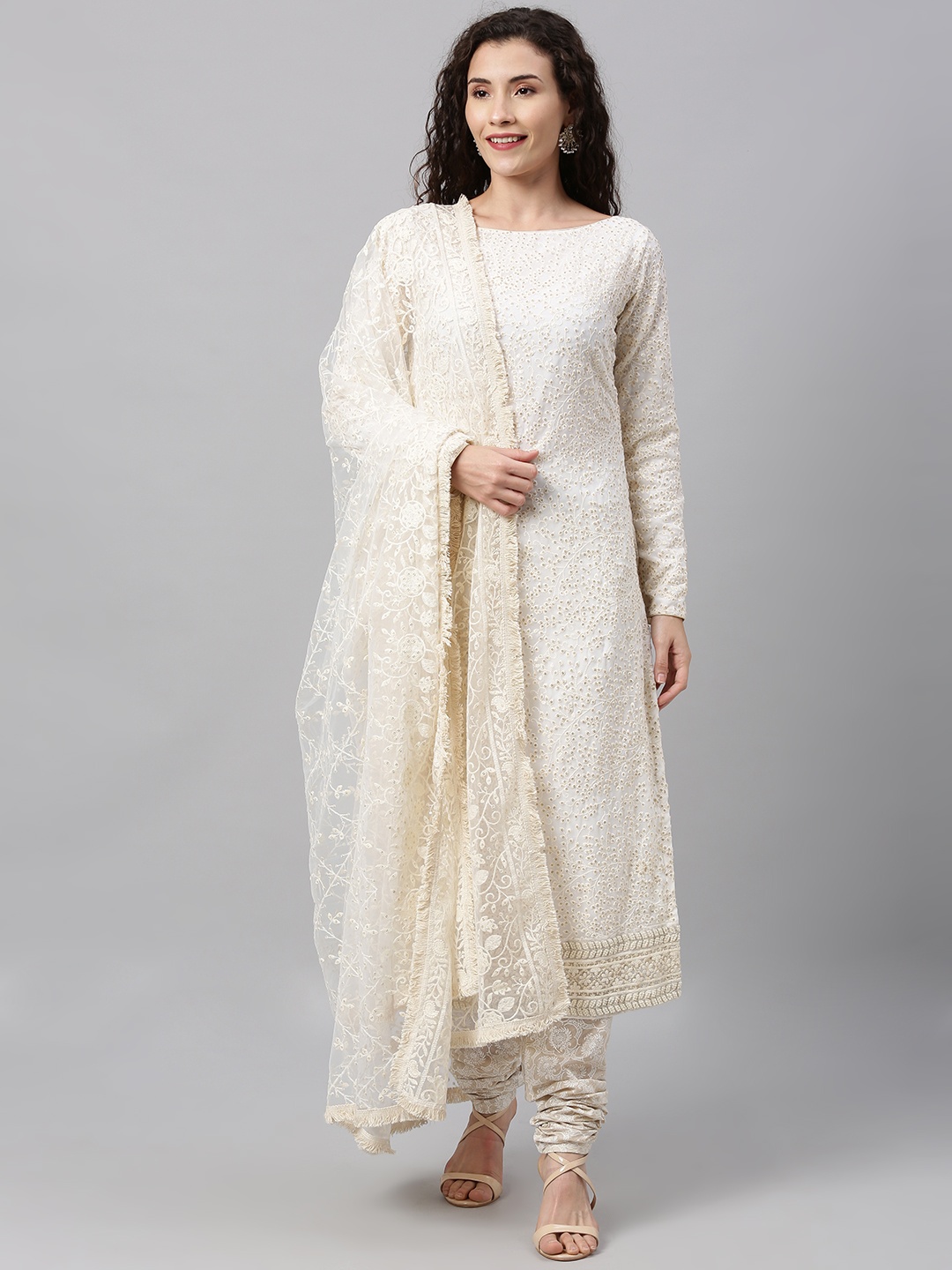 

Ethnovog Women Off-White Beige Embroidered Sequinned Made To Measure Kurta Set
