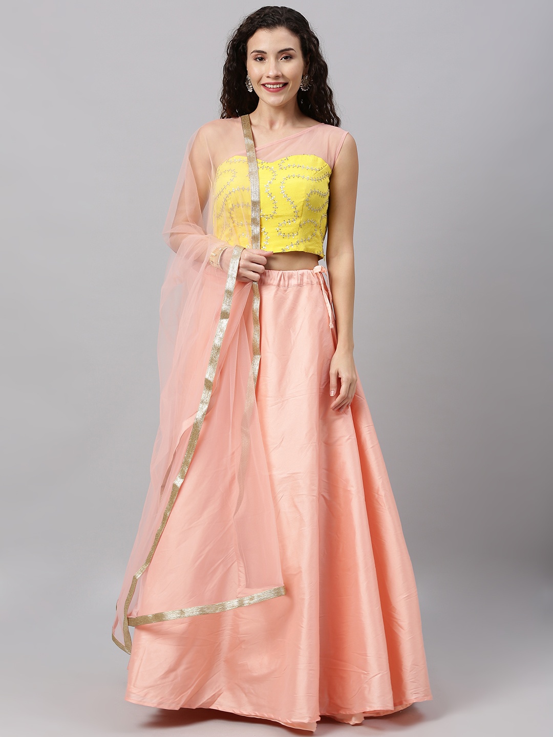 

Ethnovog Yellow Peach-Coloured Embellished Made to Measure Lehenga Blouse with Dupatta