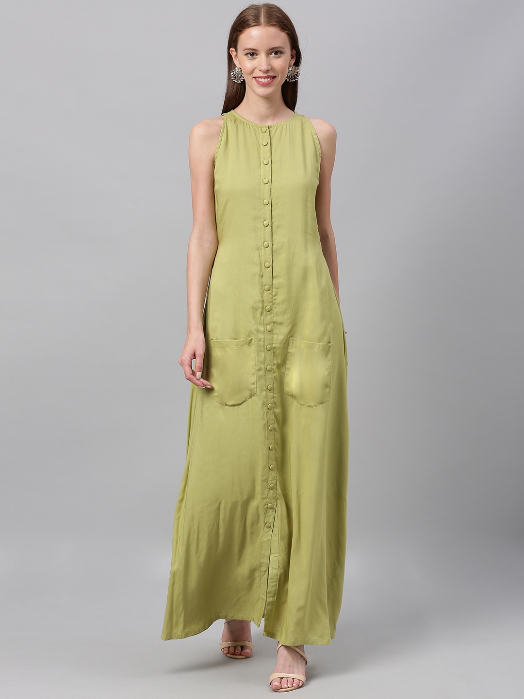 

Ethnovog Women Green Solid Made To Measure Maxi Dress with Pockets