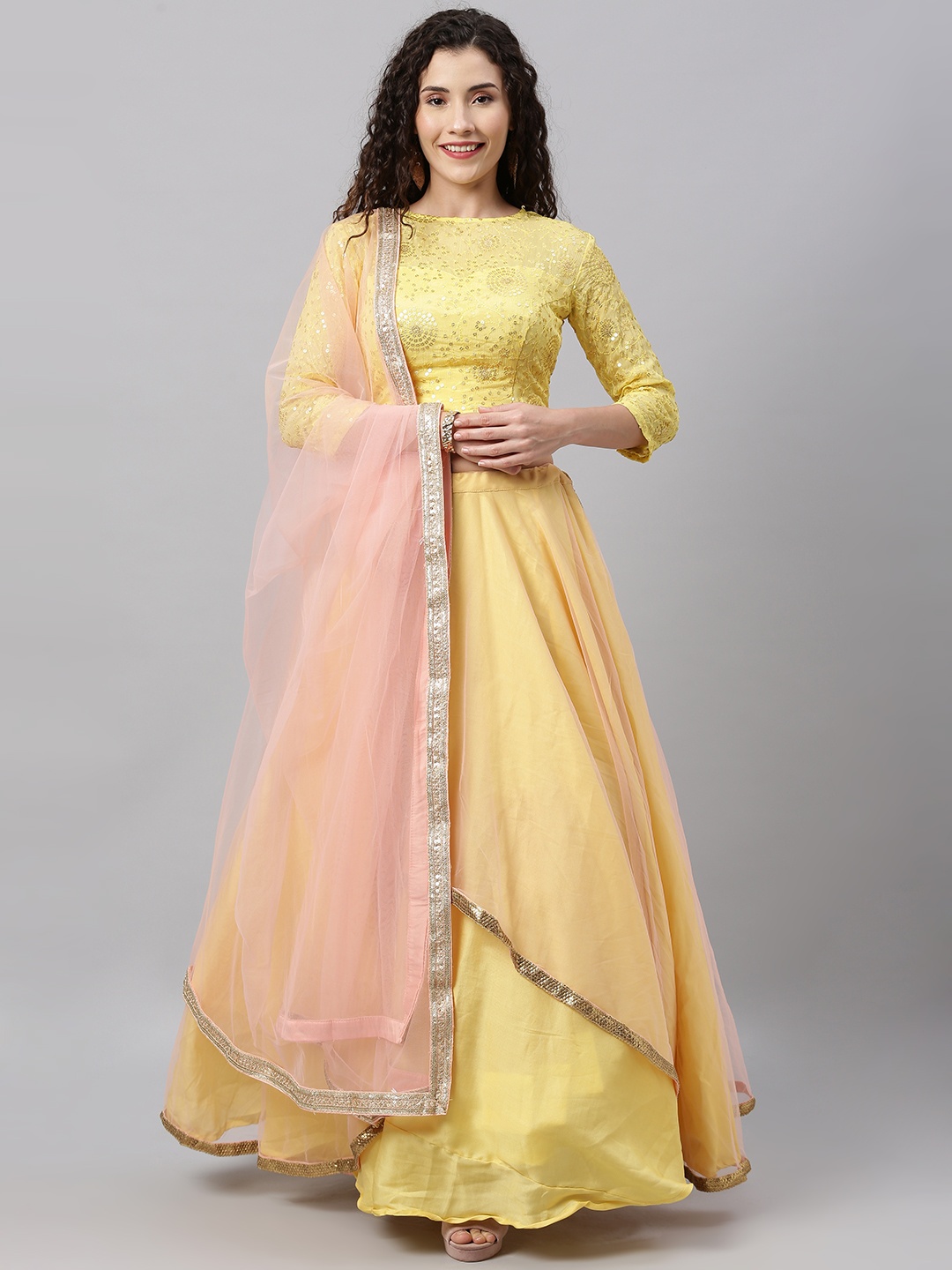 

Ethnovog Yellow Pink Embellished Made to Measure Lehenga Blouse with Dupatta