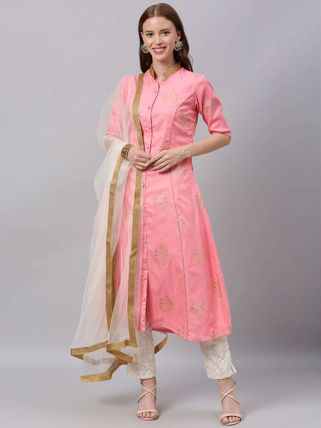 

Ethnovog Women Pink Beige Printed Made To Measure Kurta with Trousers Dupatta