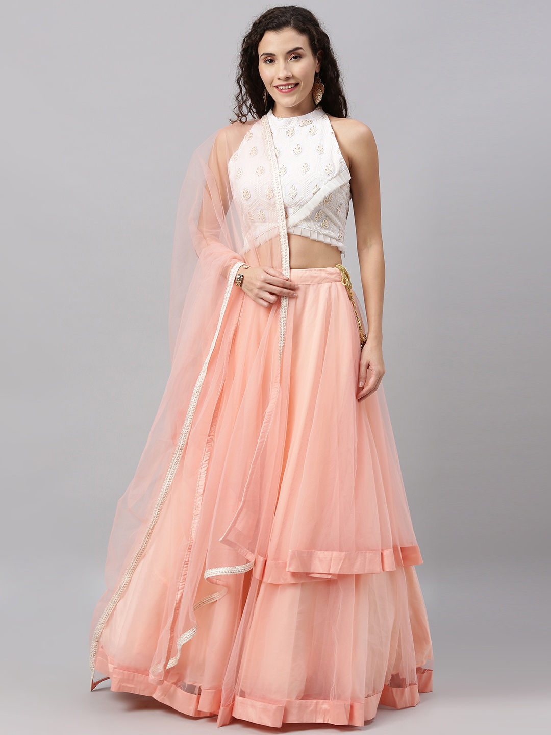 

Ethnovog Pink Off-White Embroidered Made to Measure Lehenga Blouse with Dupatta