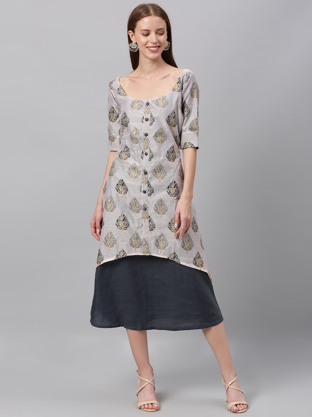 

Ethnovog Women Peach-Coloured Printed Made To Measure Layered A-Line Dress