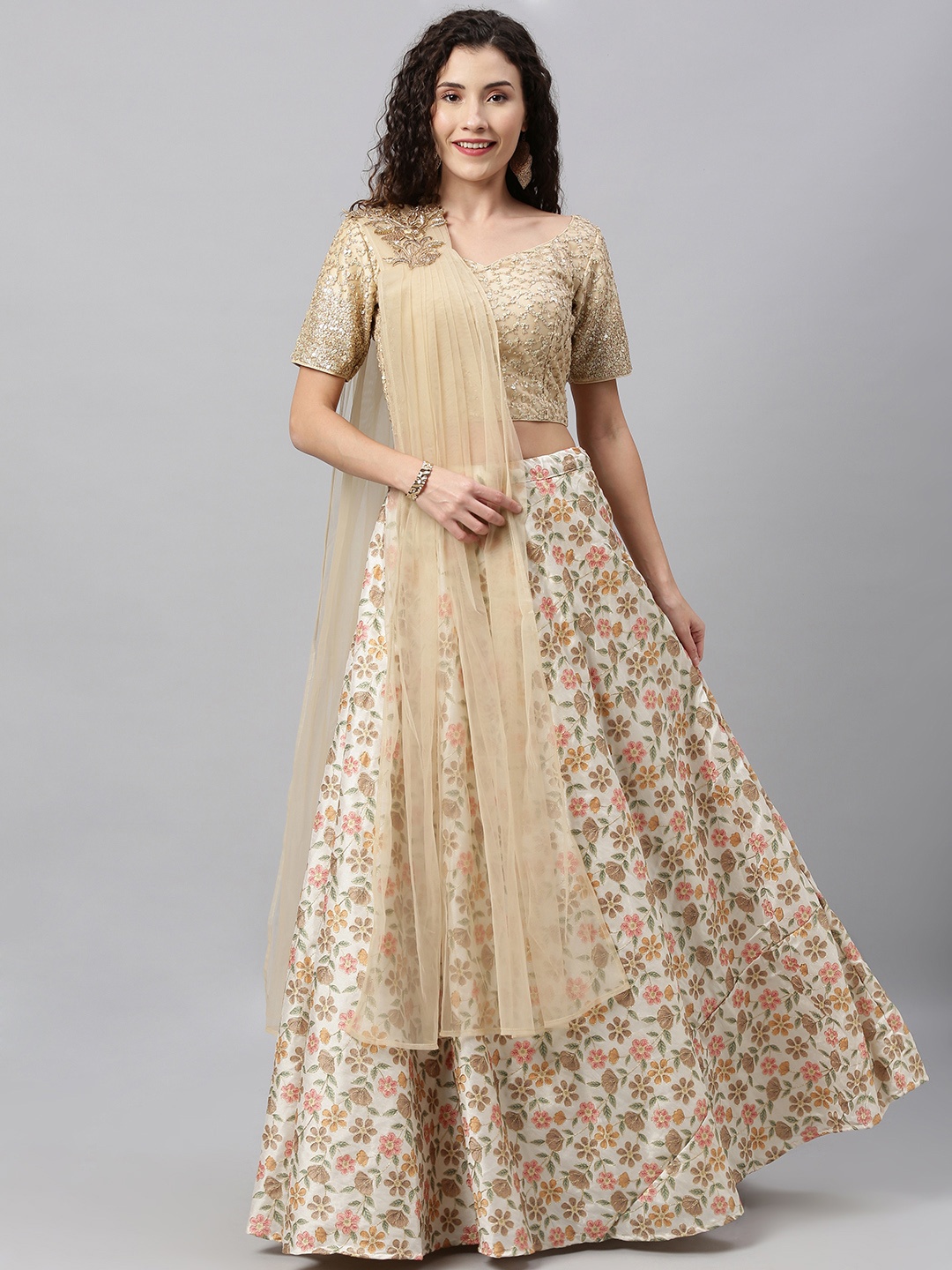 

Ethnovog Beige Cream-Coloured Embroidered Made to Measure Lehenga Blouse with Dupatta