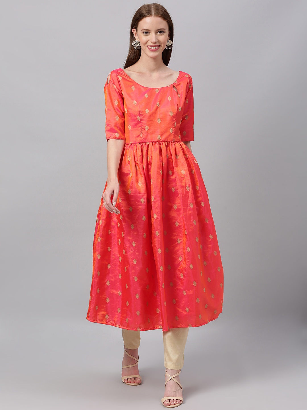 

Ethnovog Women Red Gold-Toned Woven Design Made To Measure A-Line Kurta