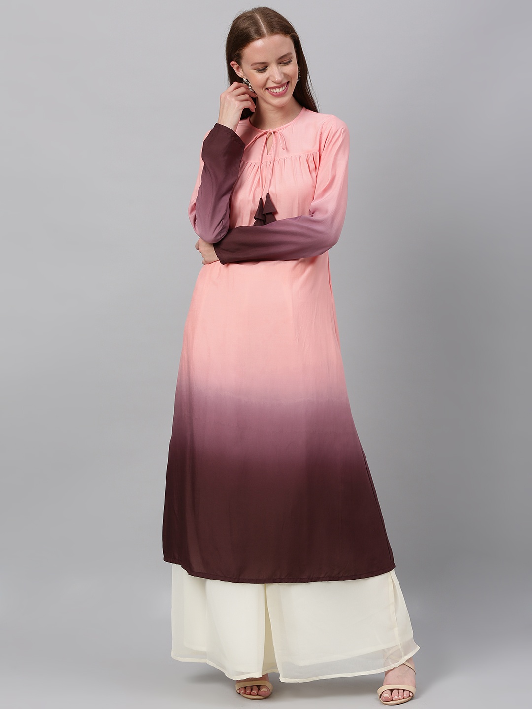 

Ethnovog Women Pink Purple Colourblocked Made To Measure A-Line Kurta