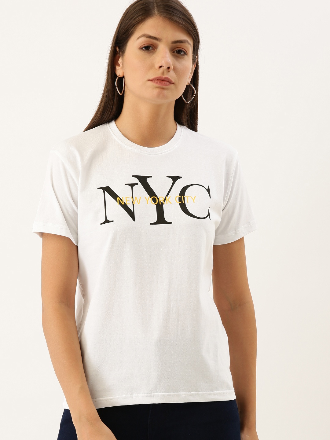 

DILLINGER Women White Printed Round Neck Regular Fit Pure Cotton T-shirt