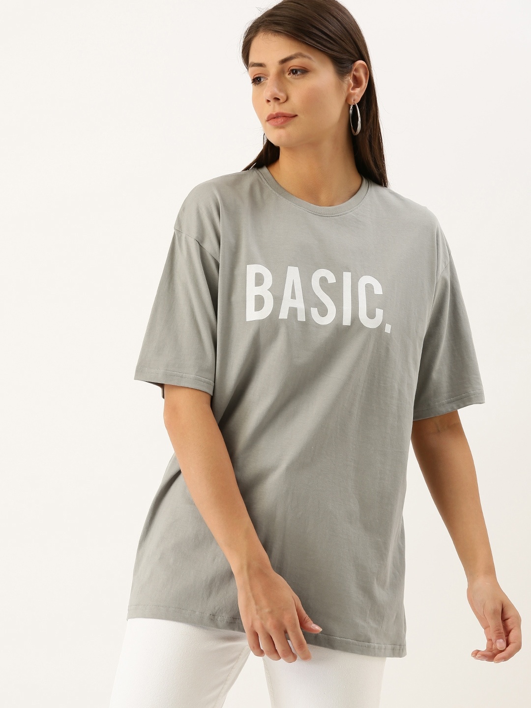 

DILLINGER Women Grey Printed Oversized Longline Oversized Cotton Pure Cotton T-shirt