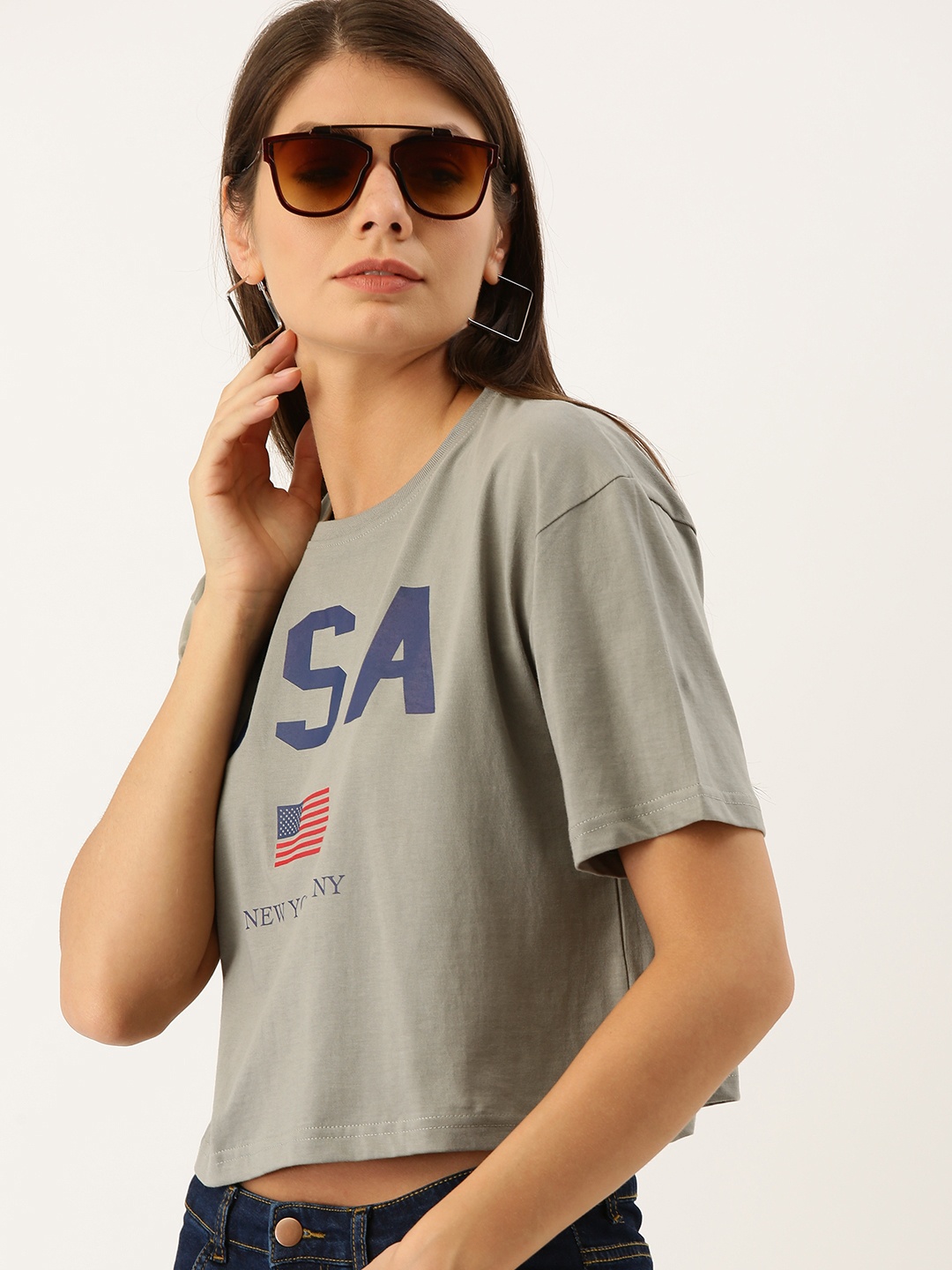 

DILLINGER Women Grey Fit Printed Round Neck Boxy Crop Pure Cotton T-shirt