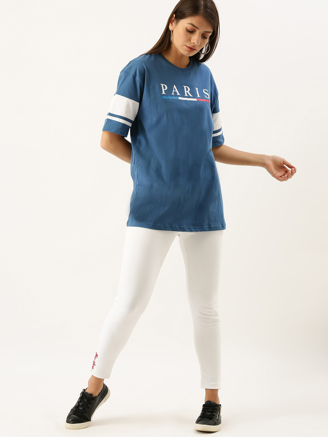 

DILLINGER Women Teal Blue Printed Round Neck Oversized Pure Cotton T-shirt