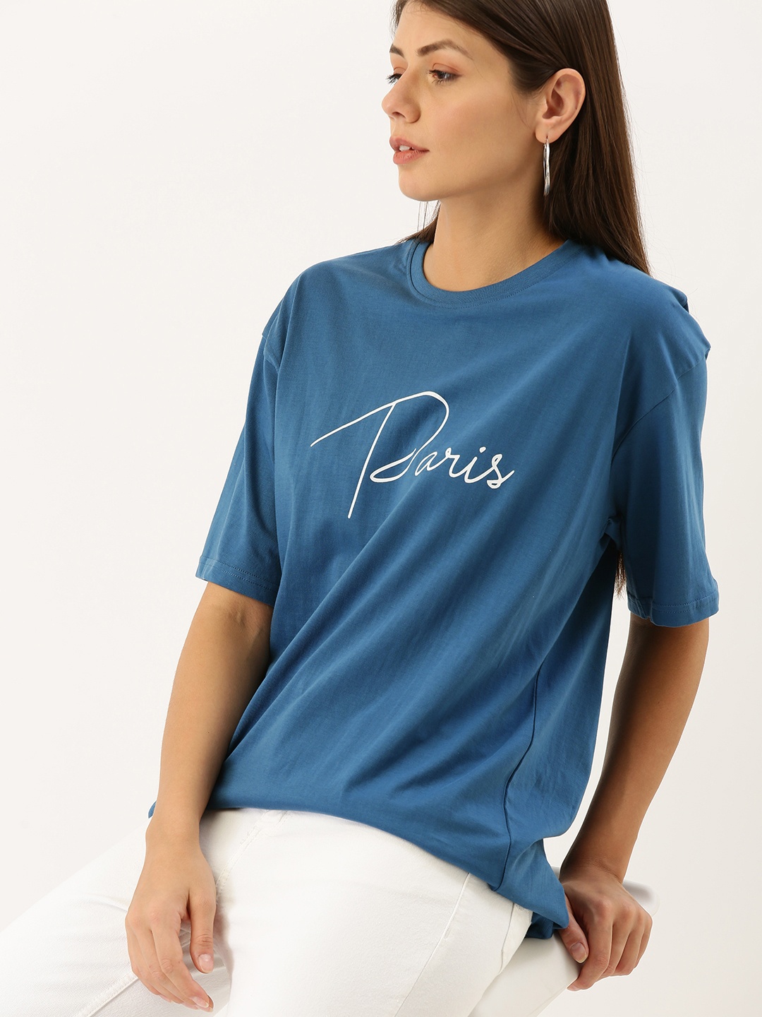 

DILLINGER Women Teal Blue Printed Oversized Cotton Pure Cotton T-shirt