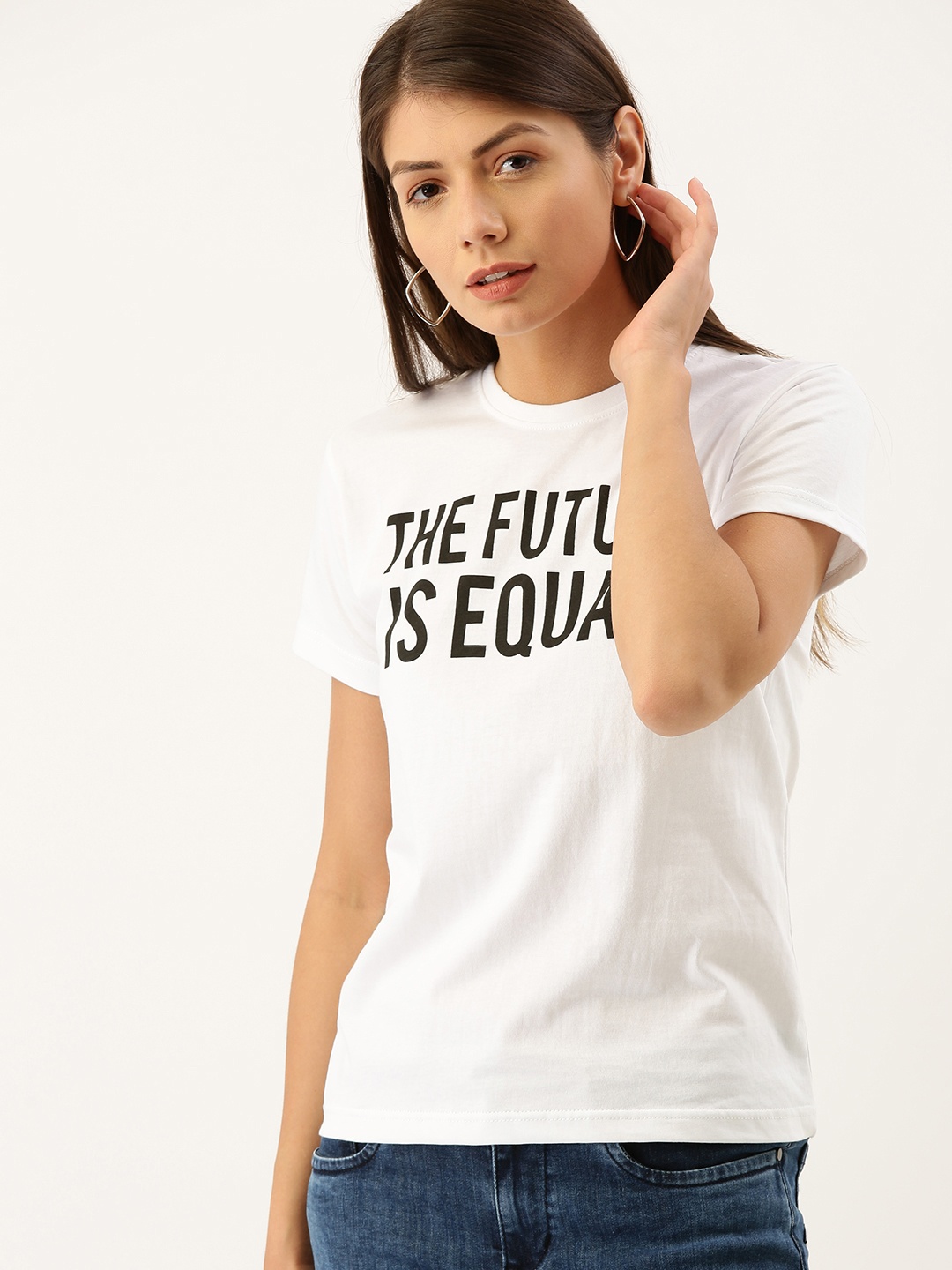 

DILLINGER Women White Printed Round Neck Regular Fit Pure Cotton T-shirt