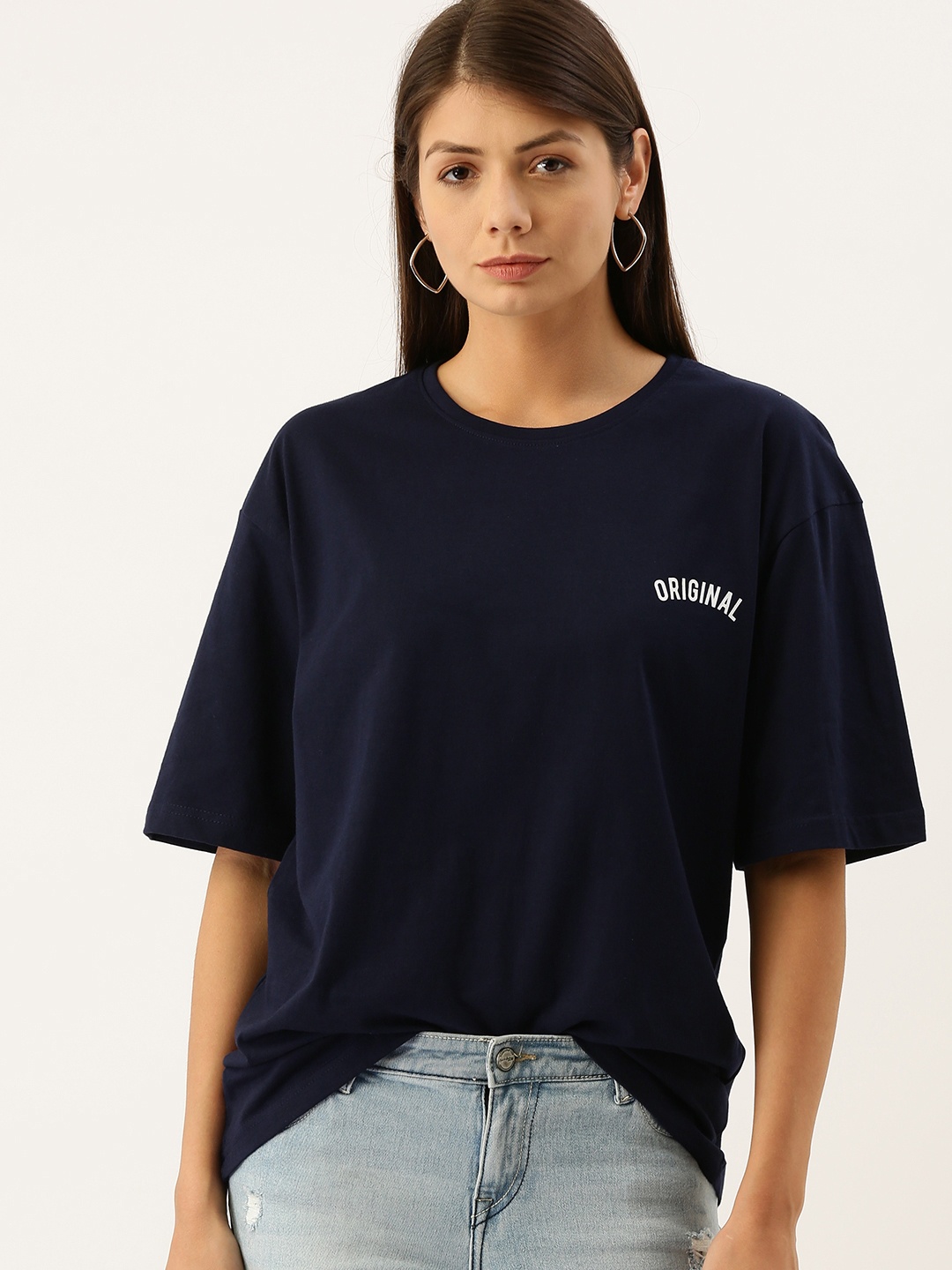 

DILLINGER Women Navy Blue Oversized Cotton Pure Cotton T-shirt with Printed Detail