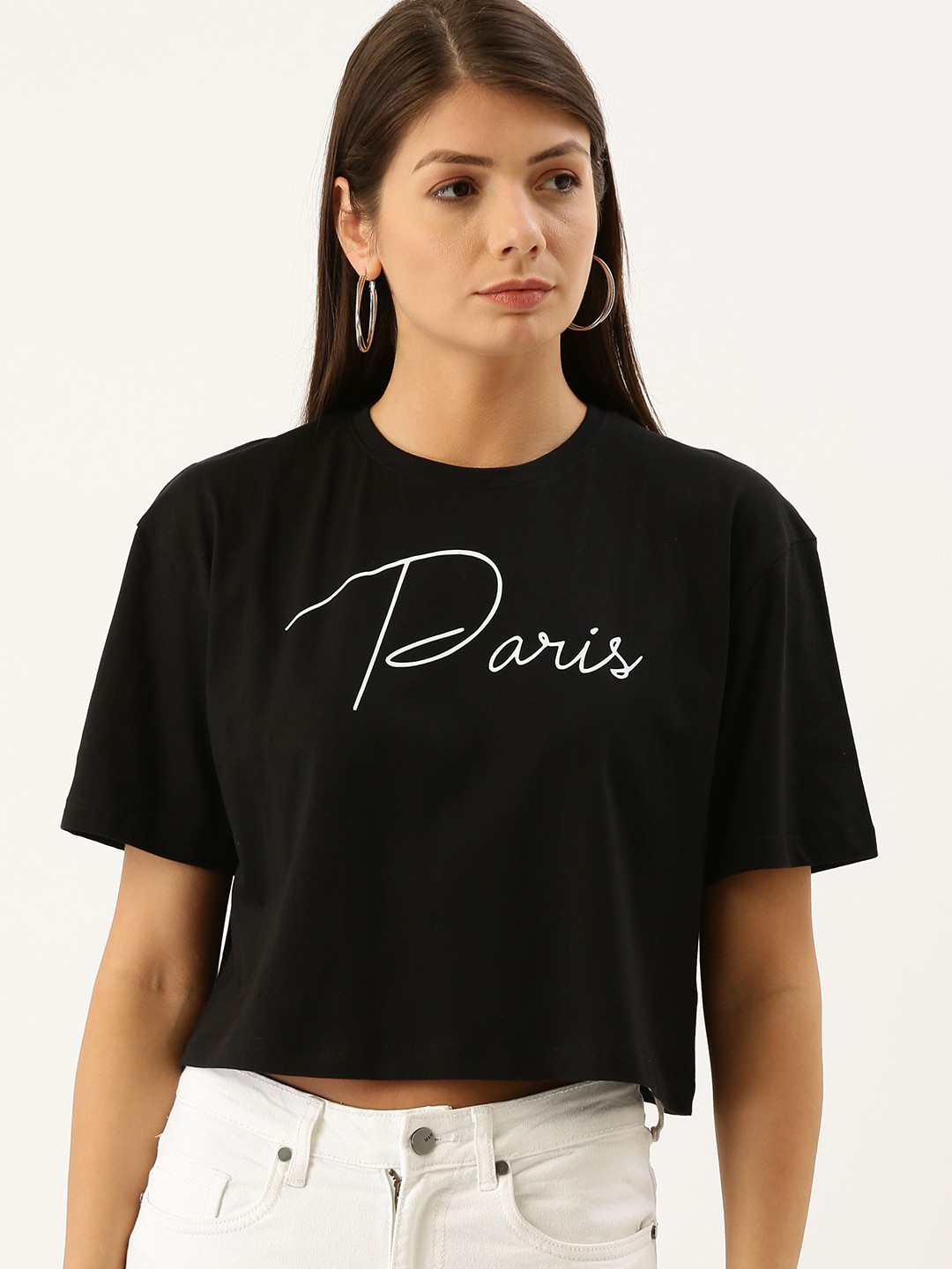 

DILLINGER Women Black Printed Fit Round Neck Boxy Crop Pure Cotton T-shirt