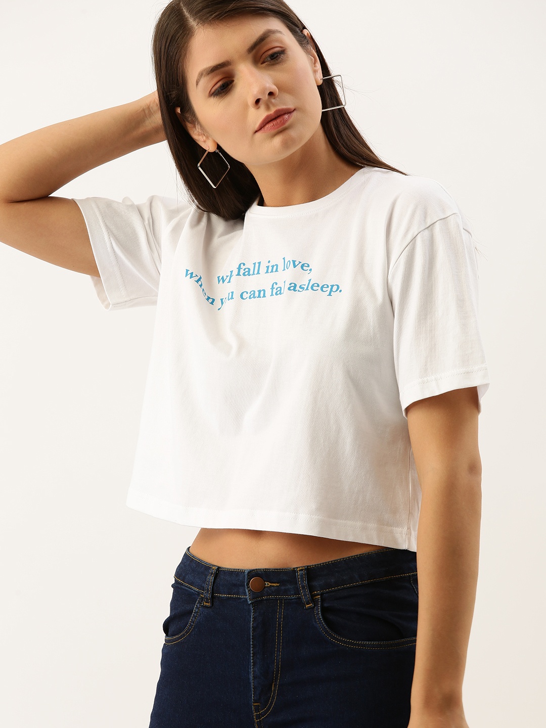 

DILLINGER Women White Fit Printed Round Neck Boxy Crop Pure Cotton T-shirt