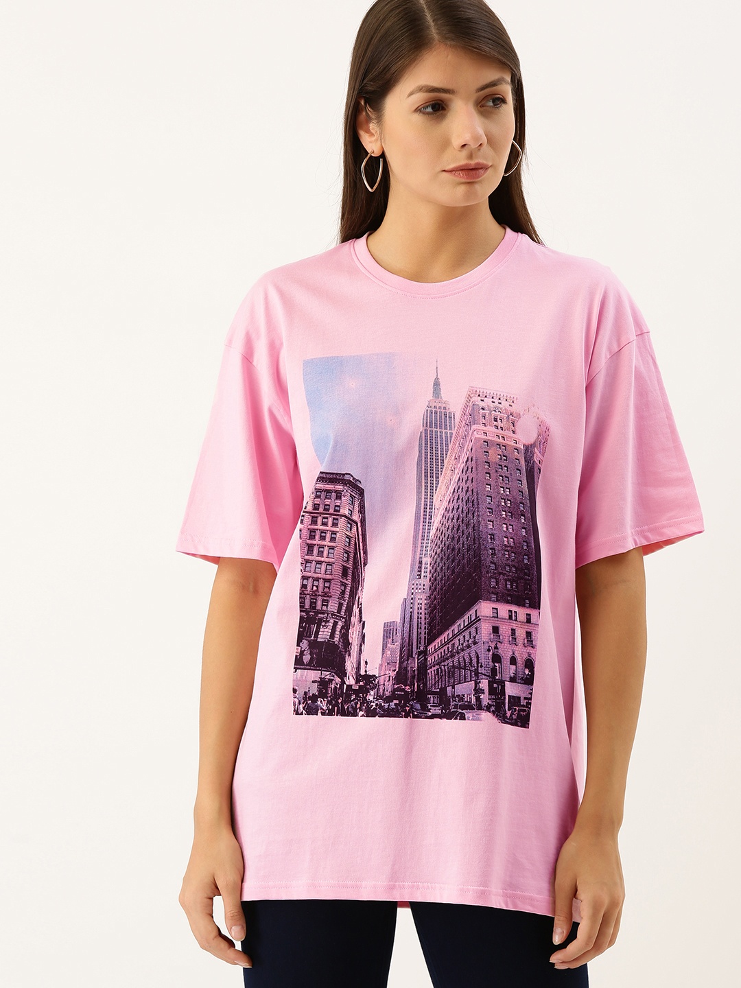 

DILLINGER Women Pink Printed Loose Round Neck Longline Oversized Pure Cotton T-shirt