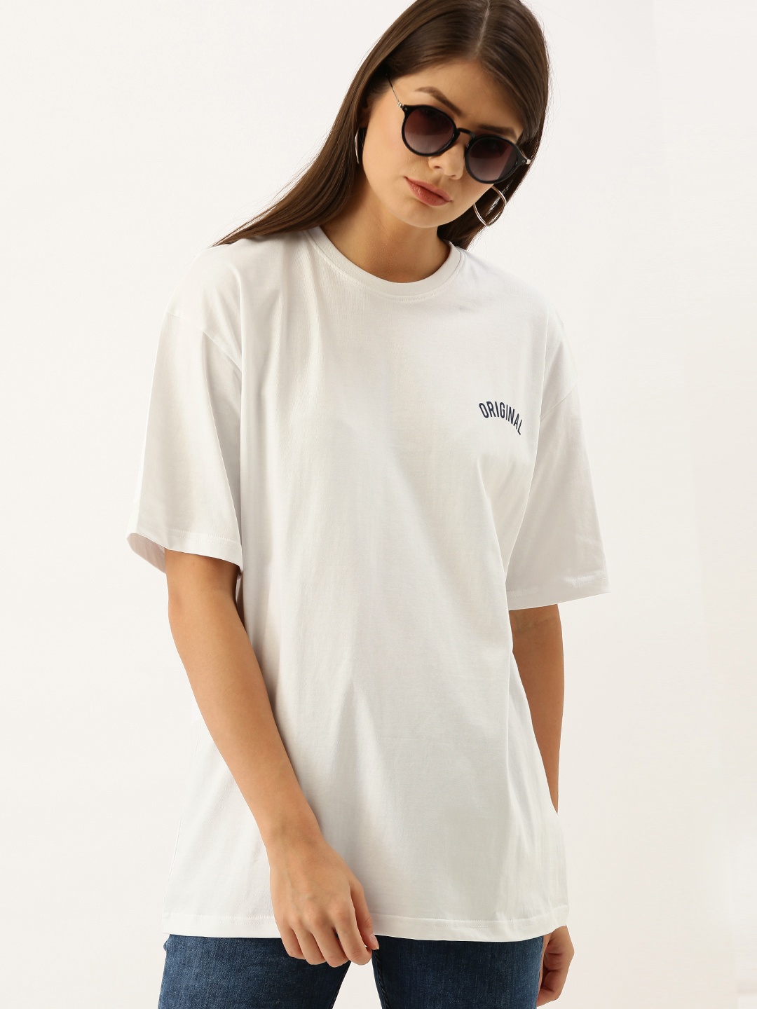 

DILLINGER Women White Solid Loose Round Neck Longline Oversized Pure Cotton T-shirt with Print Detail