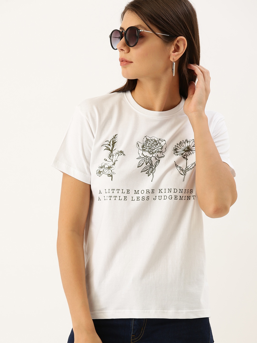 

DILLINGER Women White Floral Printed Round Neck Regular Fit Pure Cotton T-shirt