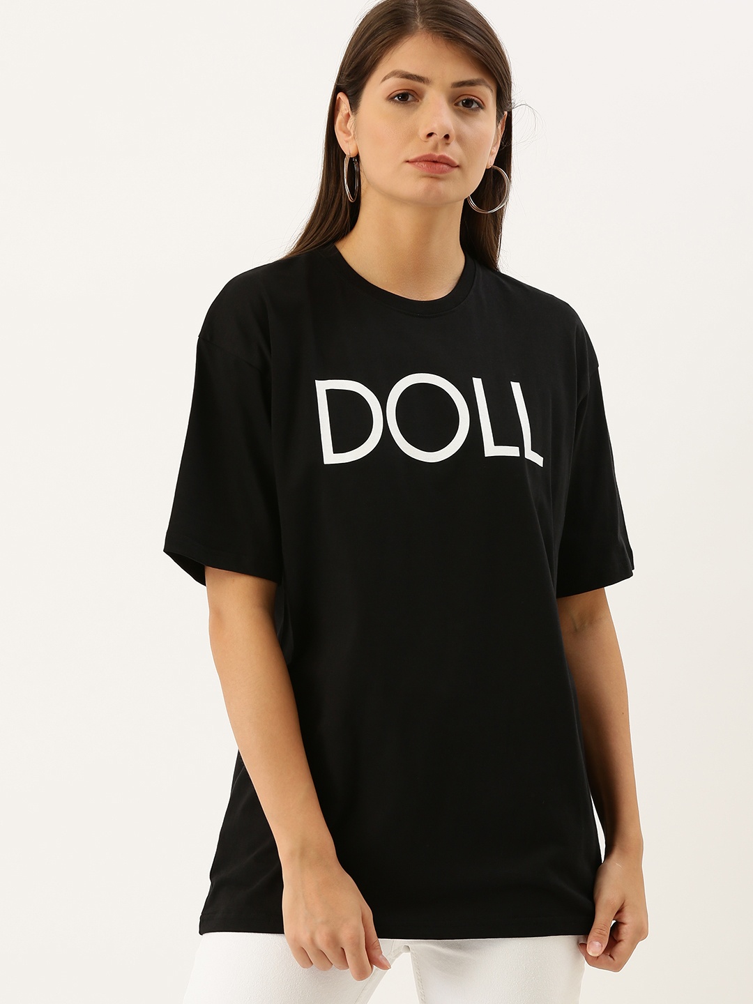 

DILLINGER Women Black Printed Round Neck Oversized Pure Cotton T-shirt