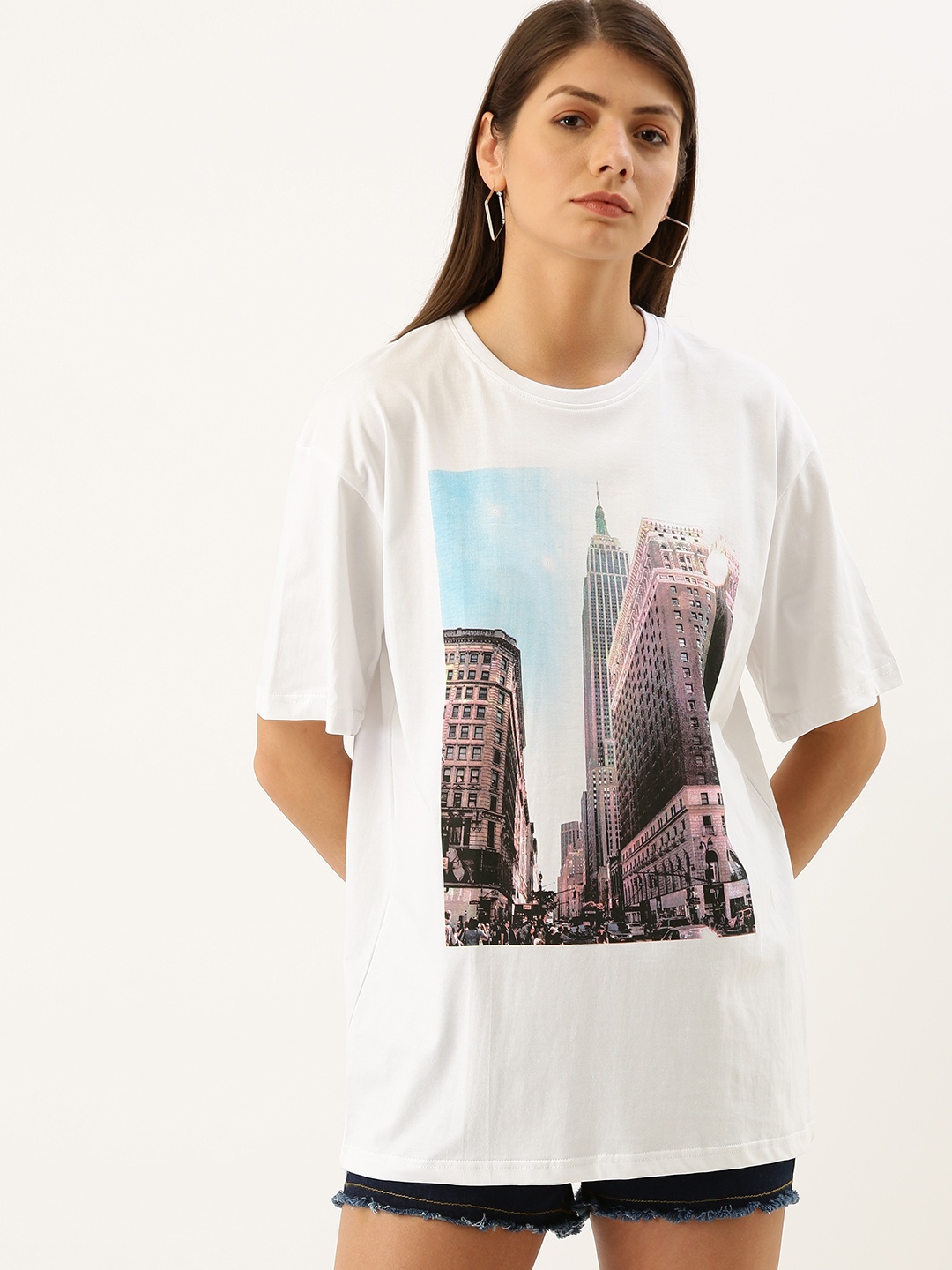 

DILLINGER Women White Printed Oversized Round Neck Longline Oversized Pure Cotton T-shirt