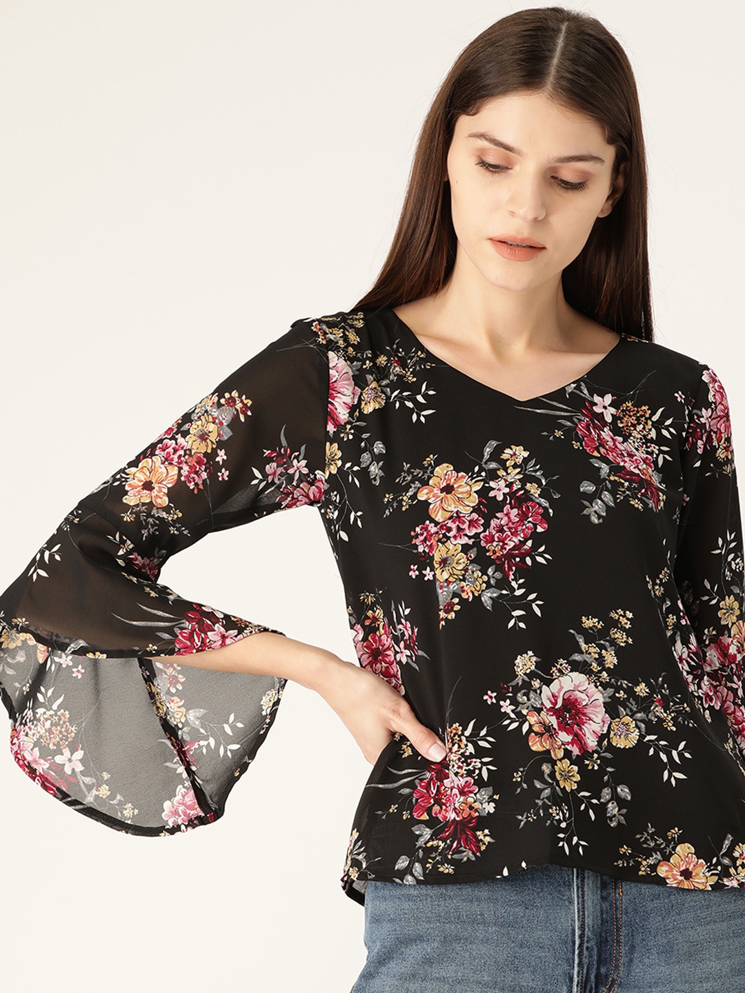 

Trend Arrest Women Black & Pink Floral Print Top