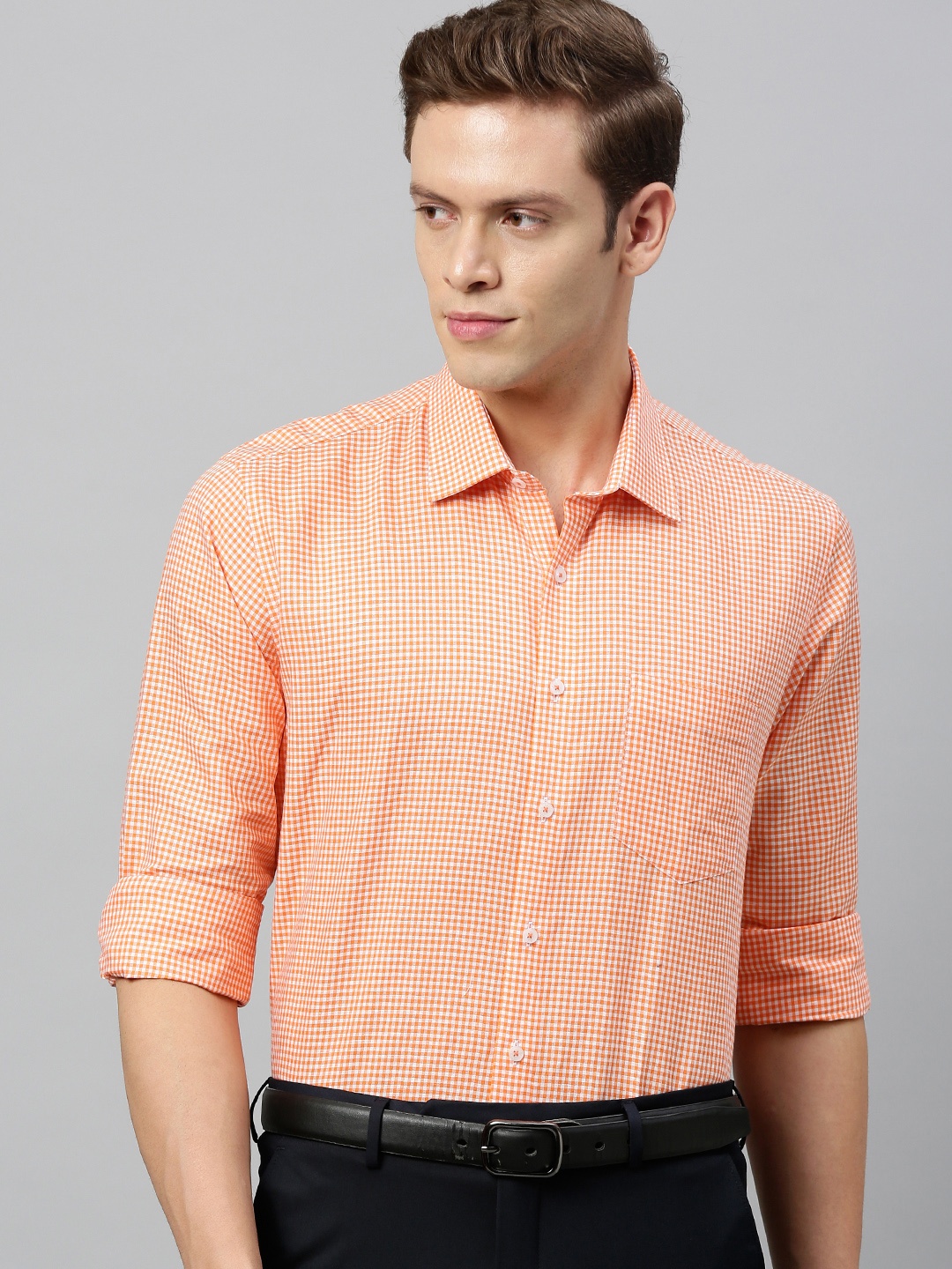 

Van Heusen Men Orange & White Slim Fit Checked Formal Shirt