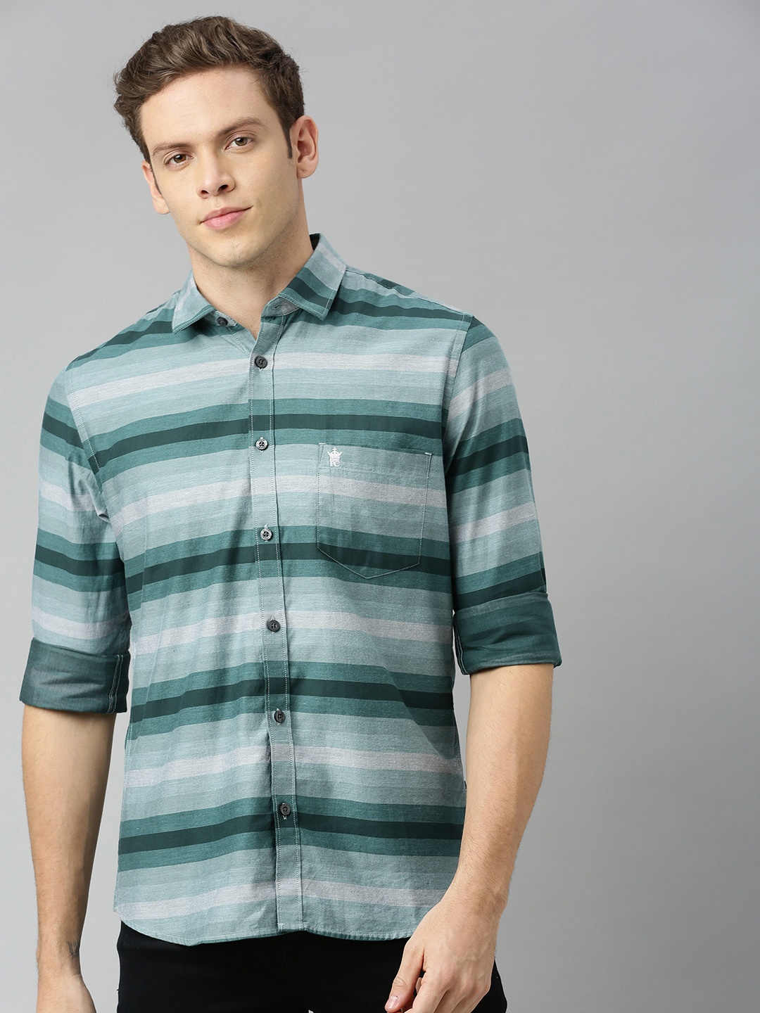 

French Connection Men Teal Green Slim Fit Striped Casual Shirt