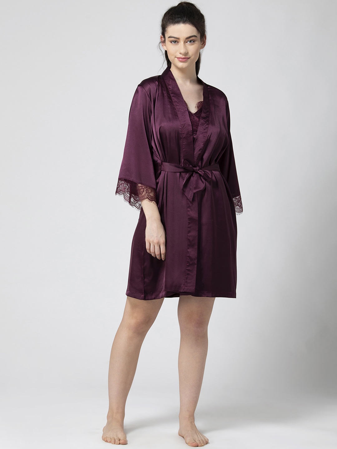 

ADORENITE Maroon Solid Nightdress with Robe