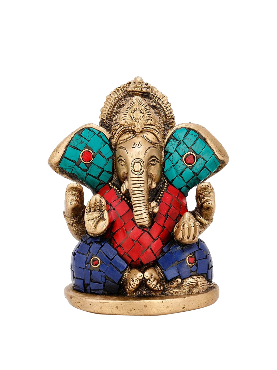 

CraftVatika Gold-Toned & Turquoise Blue Handcrafted Brass Ganesha Idol