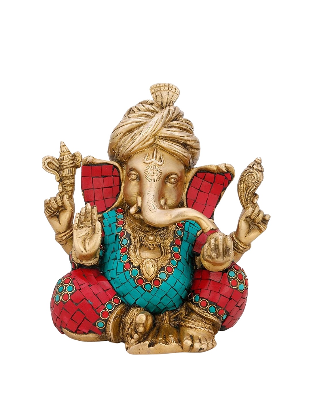 

CraftVatika Gold-Toned & Red Pagdi Ganesha Sitting Idol Showpiece