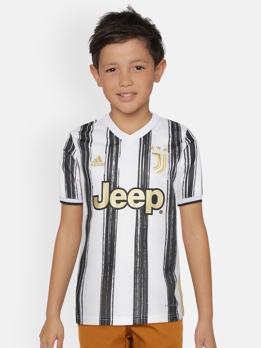 

ADIDAS Boys White & Black Striped V-Neck Juventus Home Football Sustainable Jersey