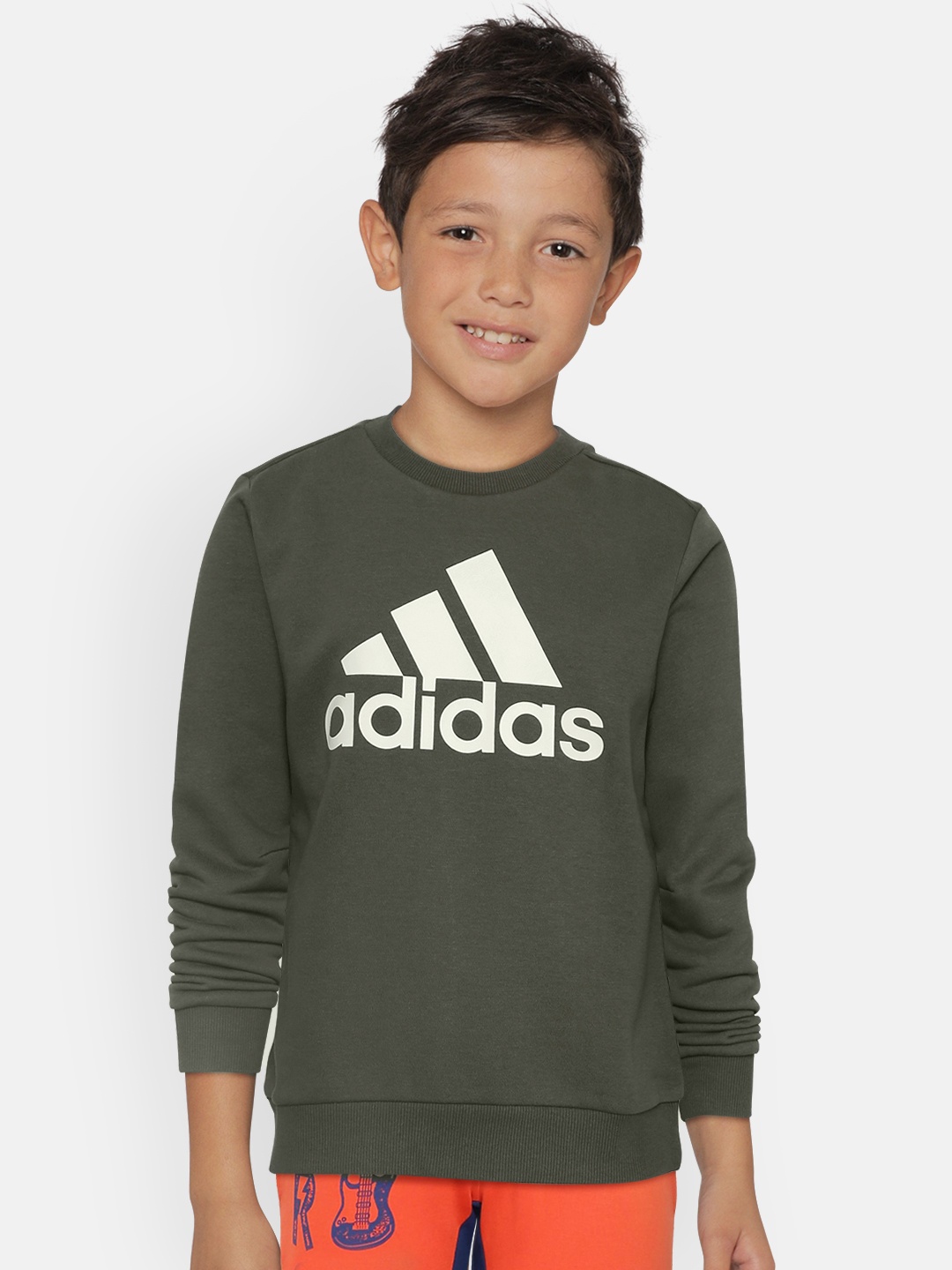 

ADIDAS Boys Olive Green & White Brand Logo Print JB MH Crew Sports Sweatshirt