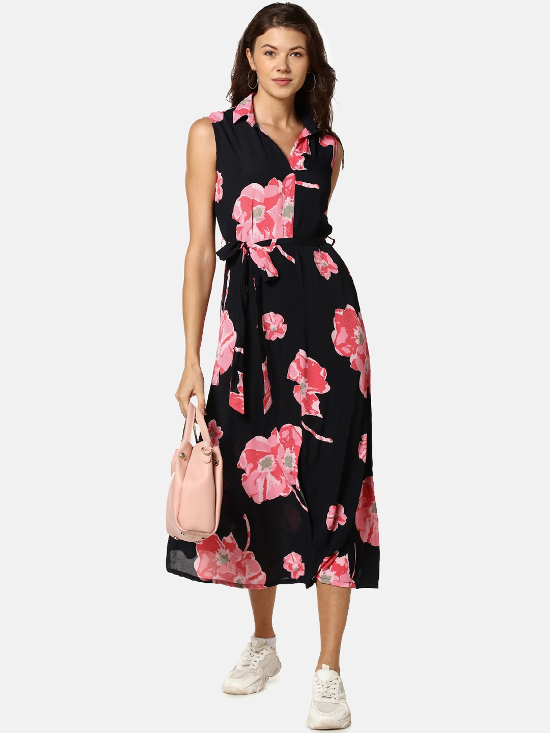 

Campus Sutra Women Black & Pink Printed A-Line Dress