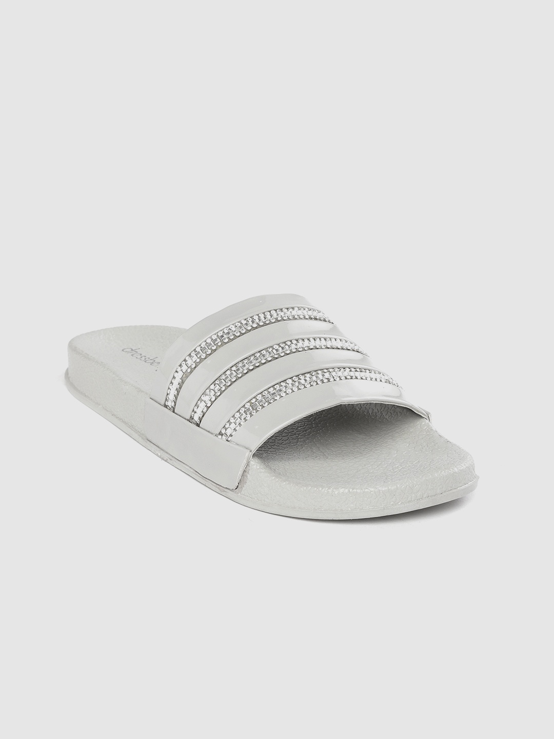 

DressBerry Women Grey & Silver-Toned Striped Studded Sliders