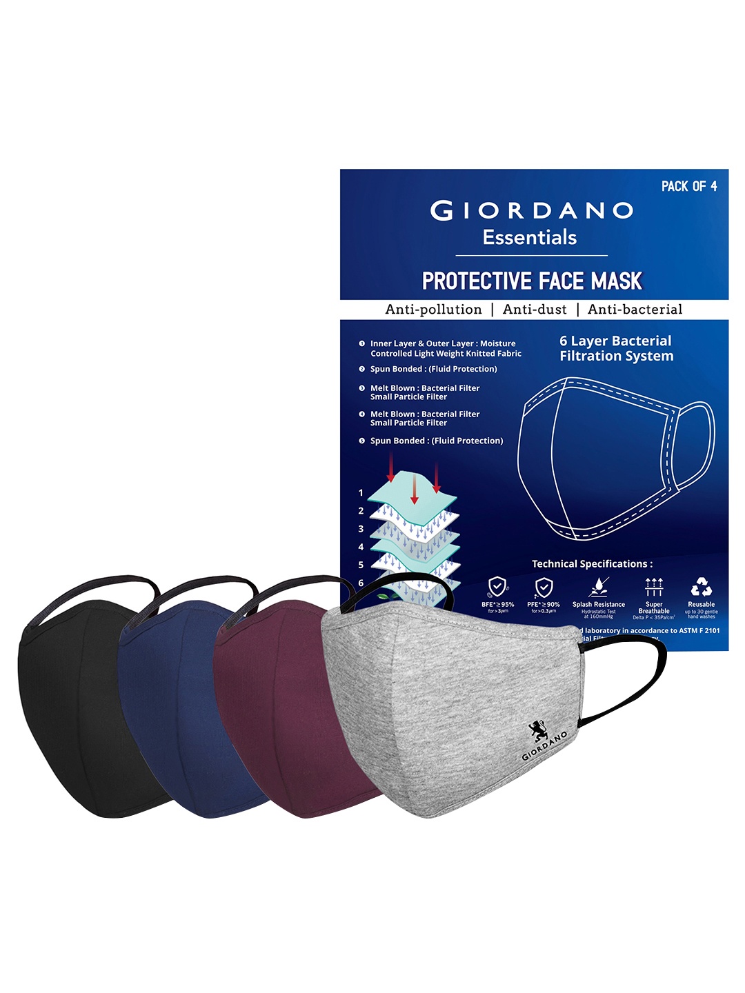 

Giordano Unisex Pack of 4 Anti-Bacterial 6 Ply Reusable Cloth Masks, Multi