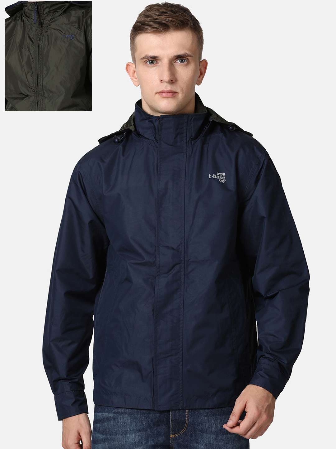 

t-base Men Navy Blue Solid Reversible Waterproof Rain Jacket