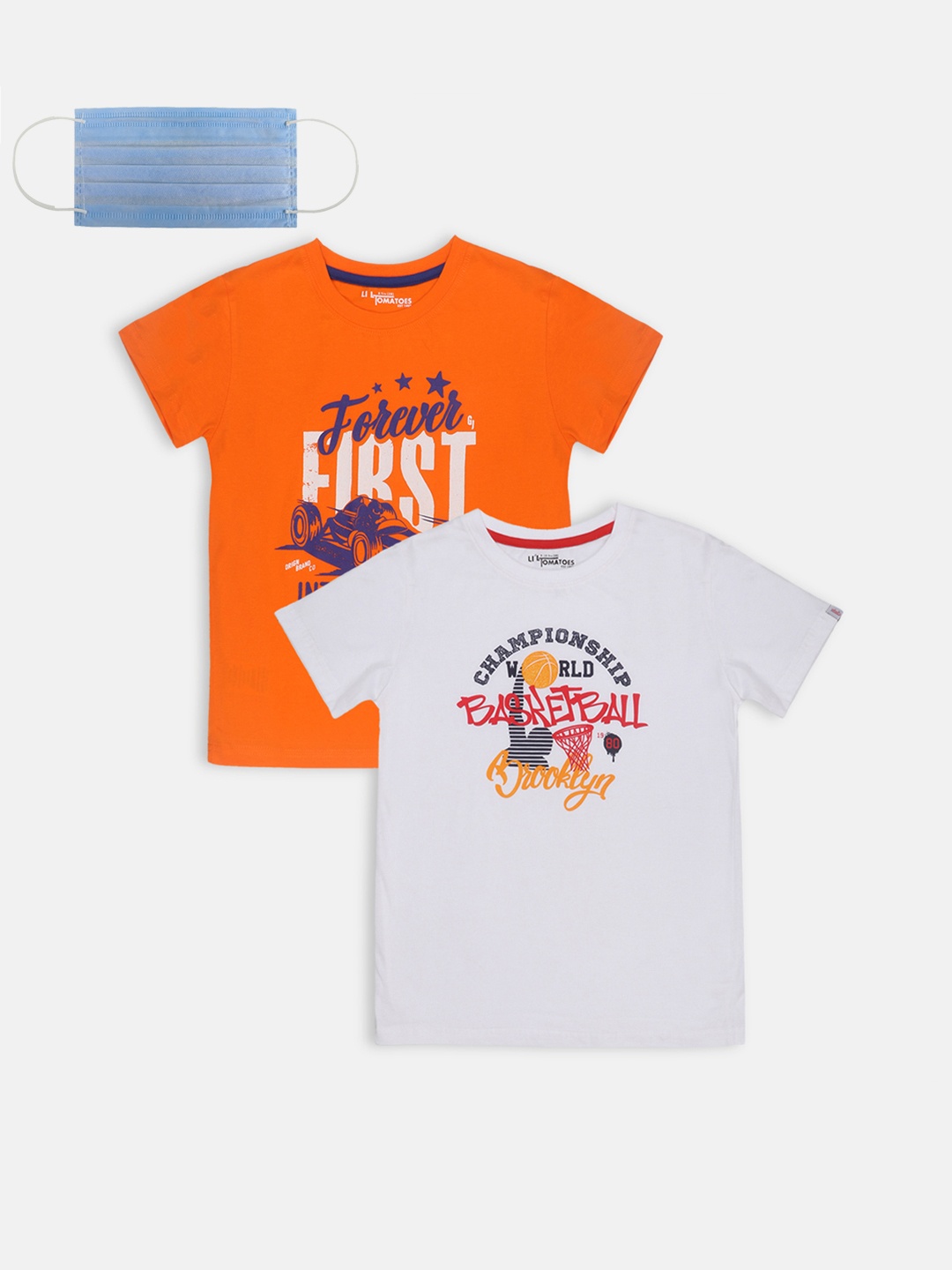 Lil Tomatoes Boys Pack of 2 Printed Round Neck T-shirts & Face Mask, Orange