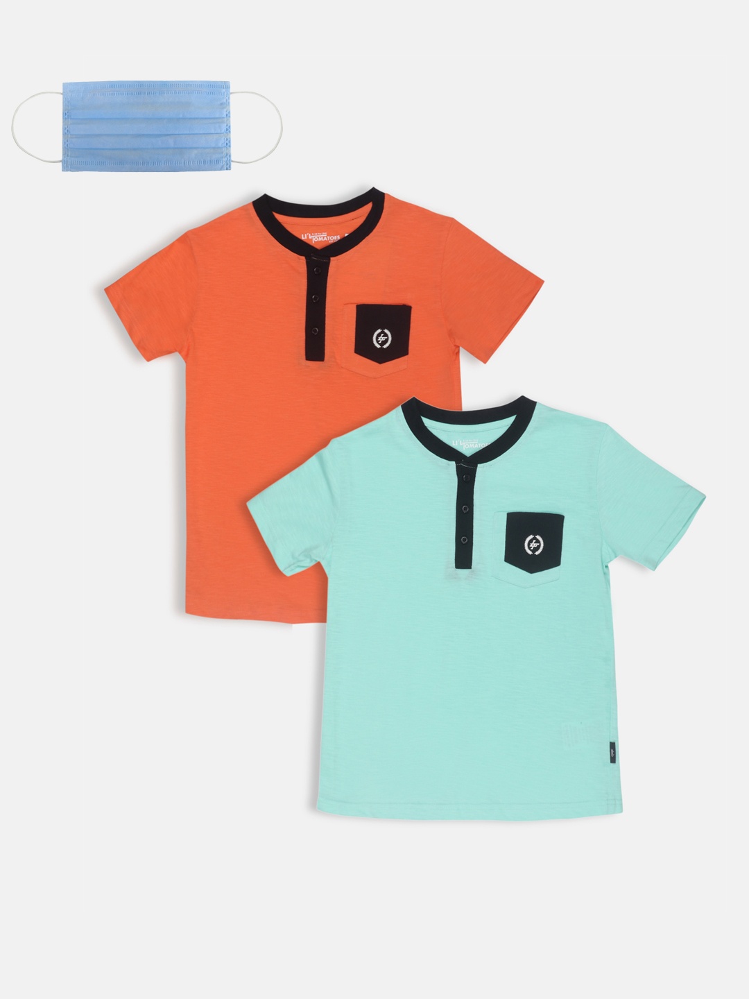 

Lil Tomatoes Boys Pack of 2 Sea Green Orange Solid Pure Cotton T-shirt