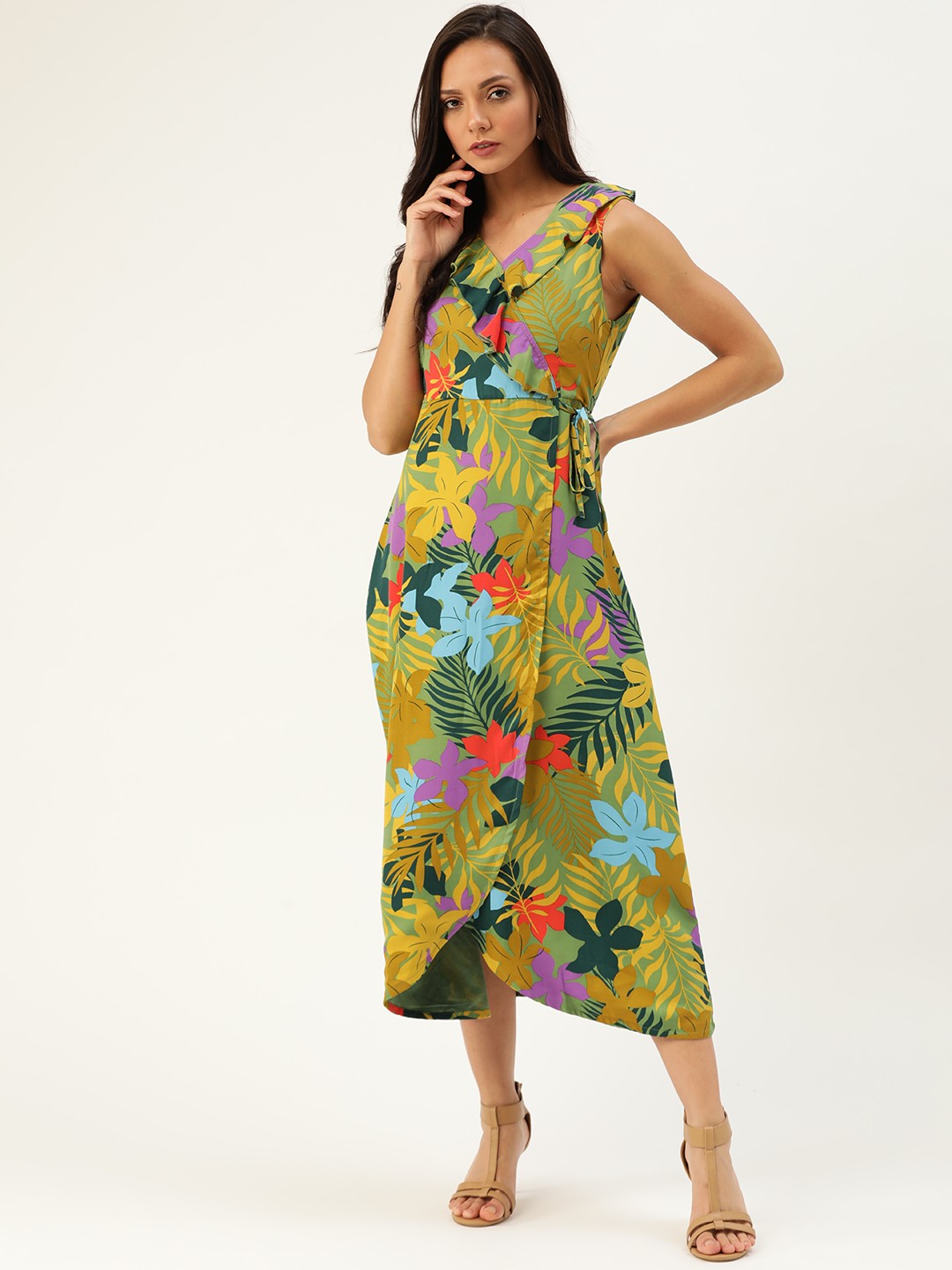 

Moda Rapido Women Green & Purple Tropical Print Wrap Dress