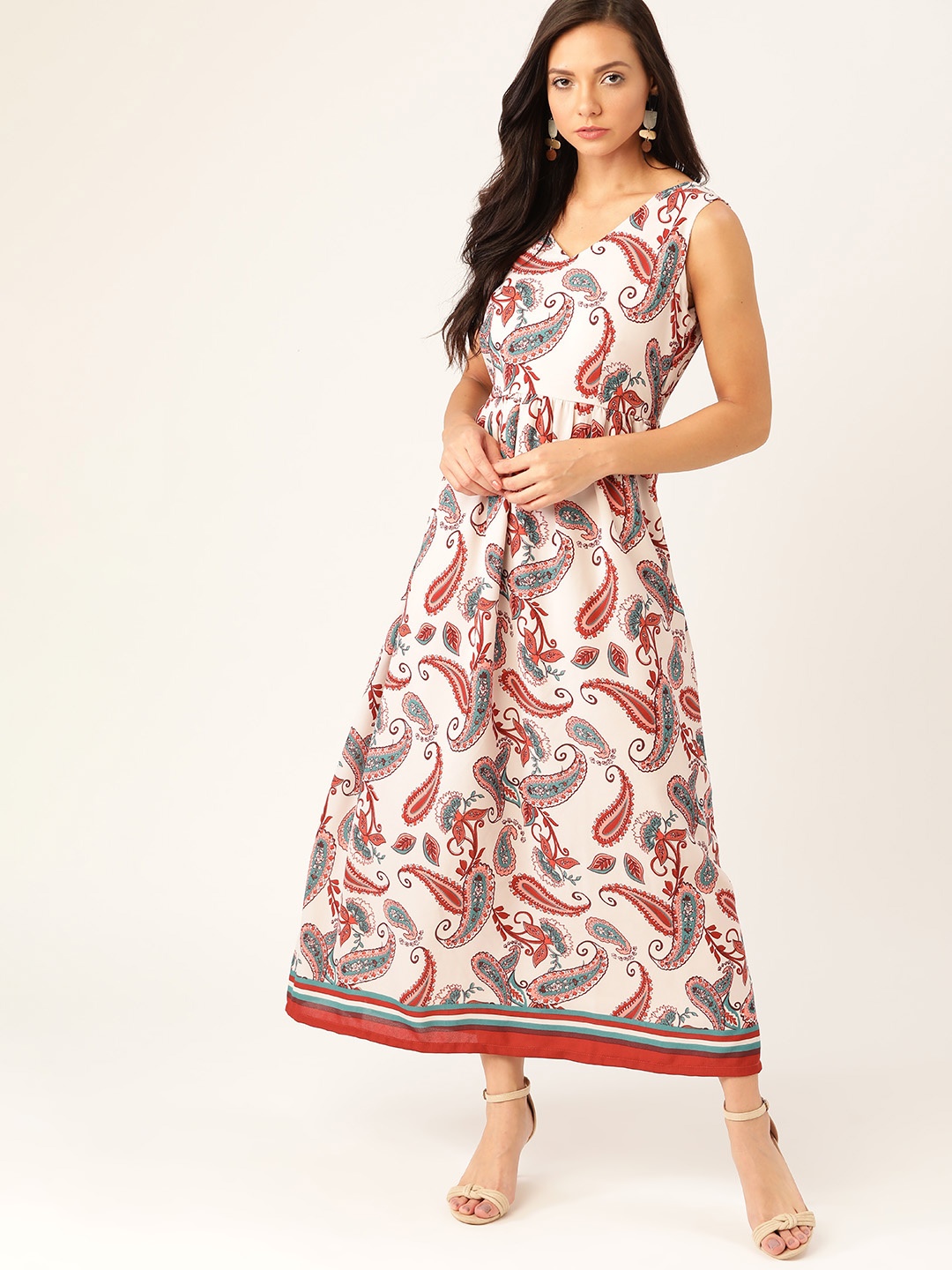 

Moda Rapido Women Off-White & Maroon Paisley Print Maxi Dress