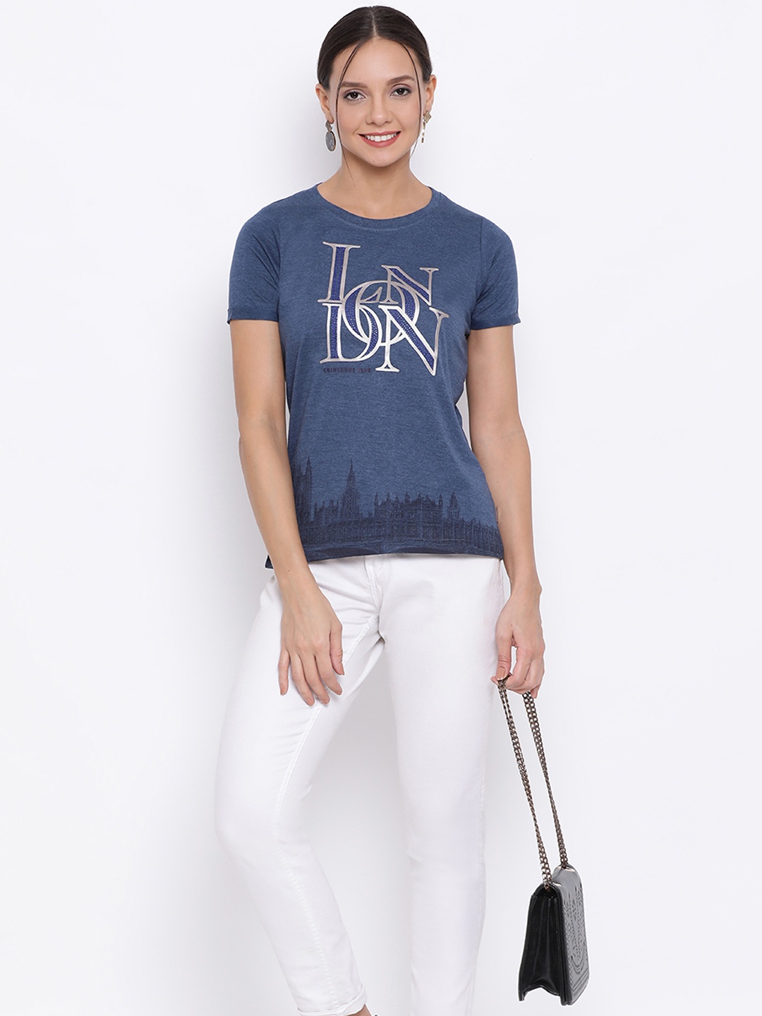 

Crimsoune Club Women Blue Printed Round Neck T-shirt