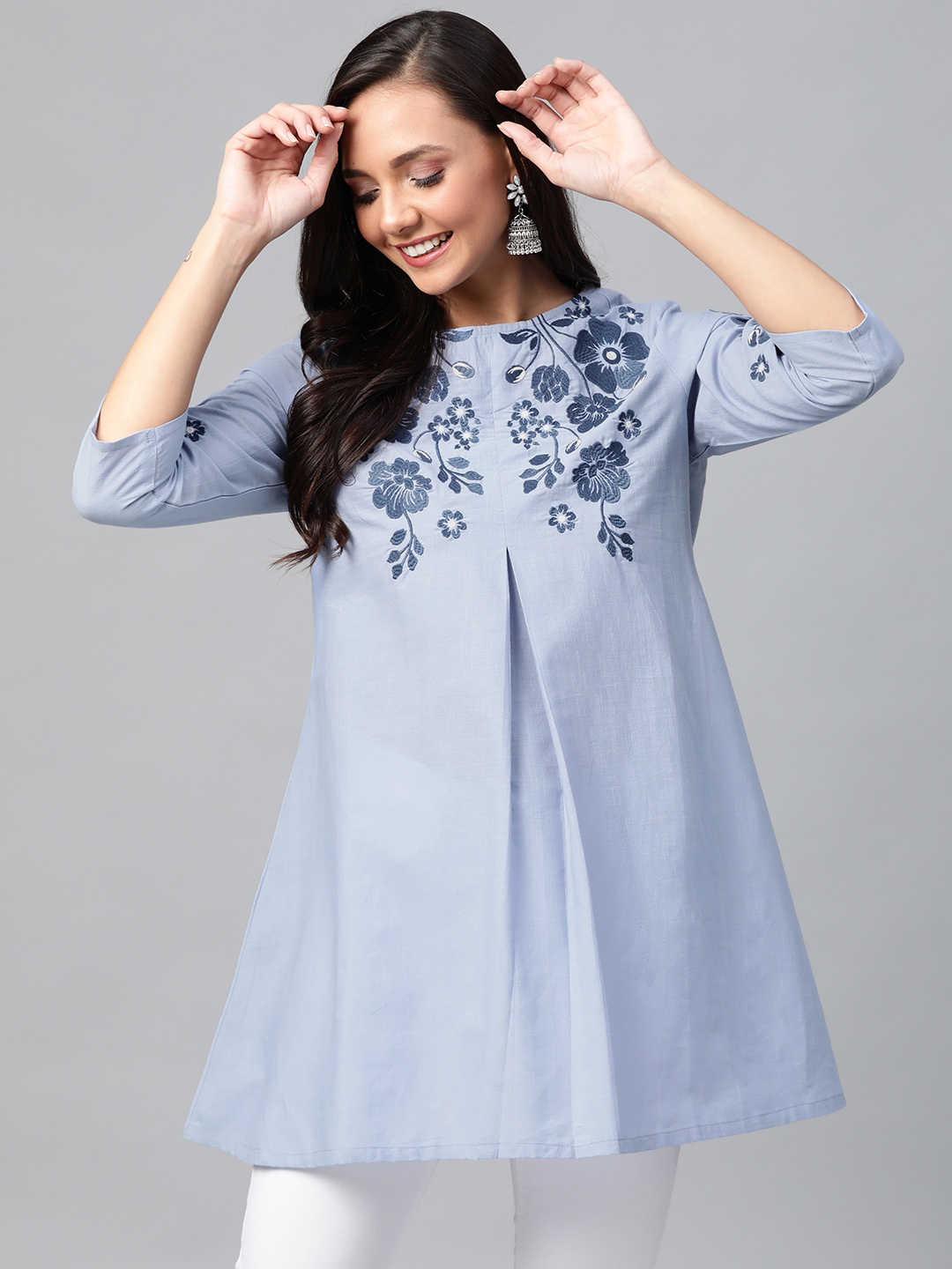 

HERE&NOW Women Blue Embroidered Pure Cotton A-line Kurti