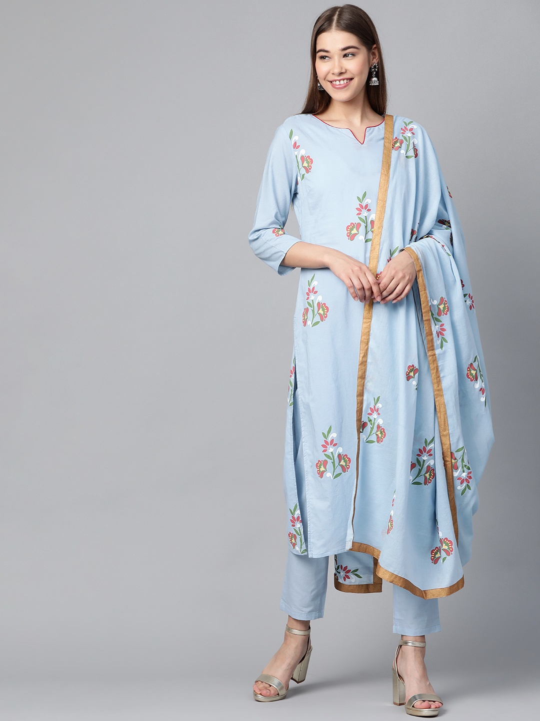 

HERE&NOW Women Blue & Red Printed Kurta with Trousers & Dupatta
