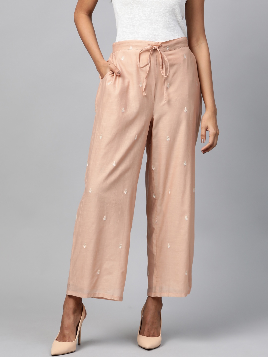 

HERE&NOW Women Peach-Coloured & Cream-Coloured Printed Wide-Leg Palazzos