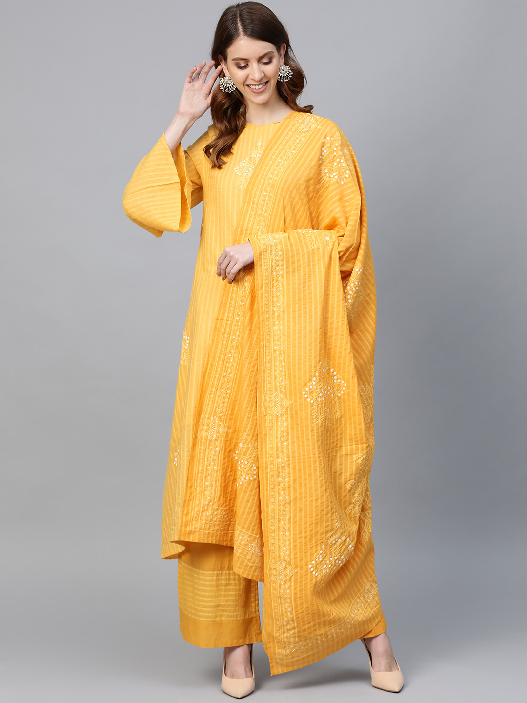 

HERE&NOW Women Mustard Yellow & White Printed Kurta with Palazzos & Dupatta