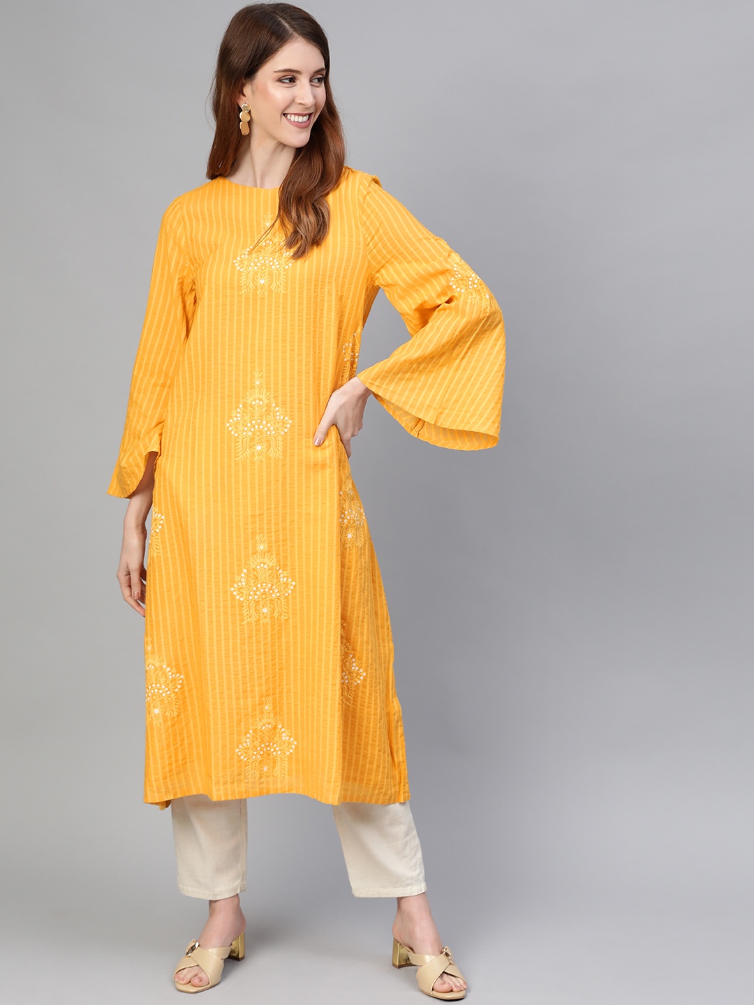 

HERE&NOW Women Mustard Yellow & White Striped A-Line Kurta