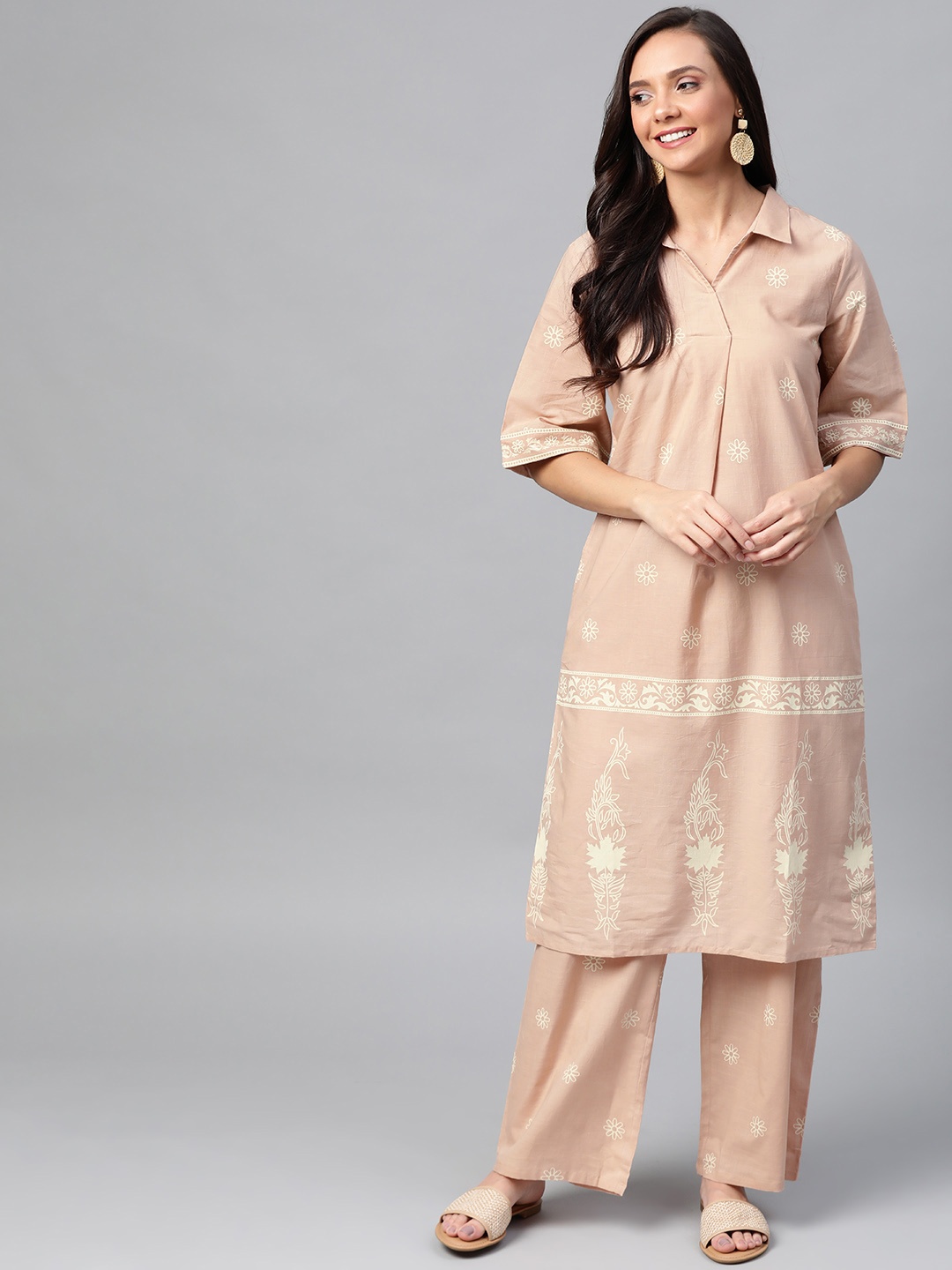 

HERE&NOW Women Dusty Pink & Cream-Coloured Printed Kurta with Palazzos